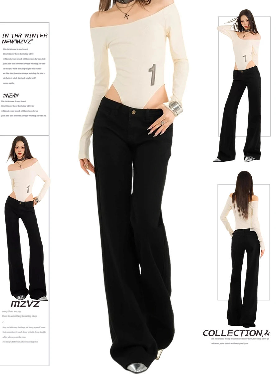 

2025 Autumn Winter Women Kpop Low Rise Gyaru Black Denim Pants Bootcut Jeans Y2k Harajuku Stacked Jean Skinny Bell Bottom Jeans