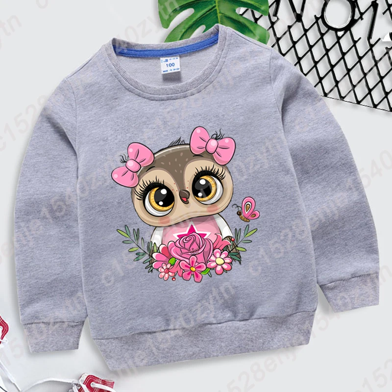 Cute Owl Flower Print Round Neck Pullovers Casual Sport Outdoor Sweatshirt Long Sleeve Boys Girls Plus Size Hoodless Sweatshirts