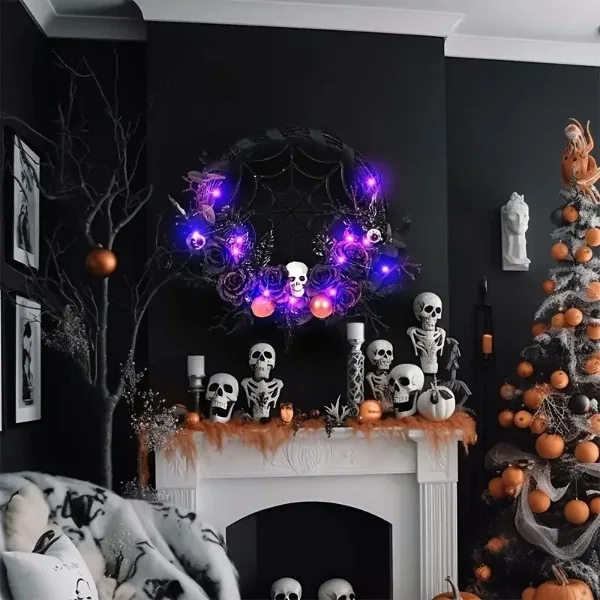 1pc, Prelit Halloween Skull Wreath For Front Door Decor, 20 LED Purple Lights Battery Operated Skeleton view 5