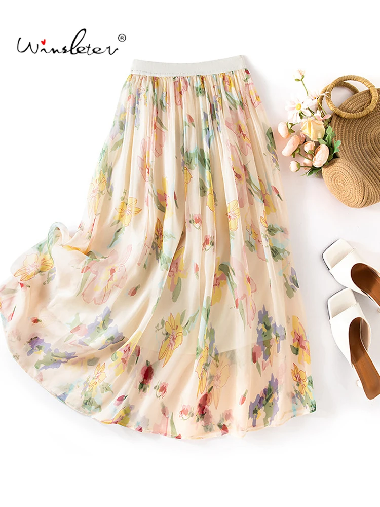 Winsleter- Women 100%Real Silk Elegant Skirts, Elastic Waist Floral Print, Beach Vacation INS A-line Skirt, 2025 Summer B54746CC