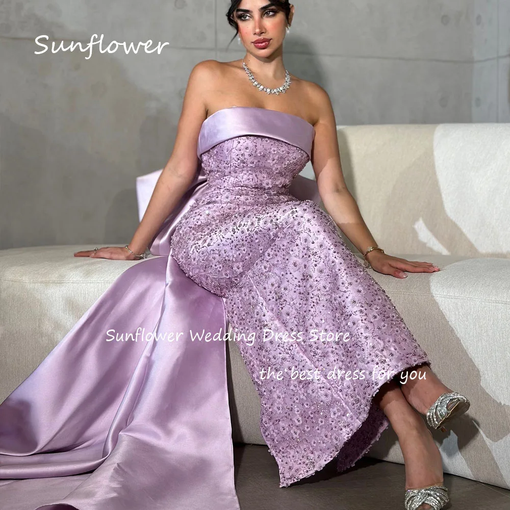 Sunflower Purple Beading Strapless Satin Mermaid Prom dress 2024 Slim Backless Bow Floor-Length Evening Dress Party Dress