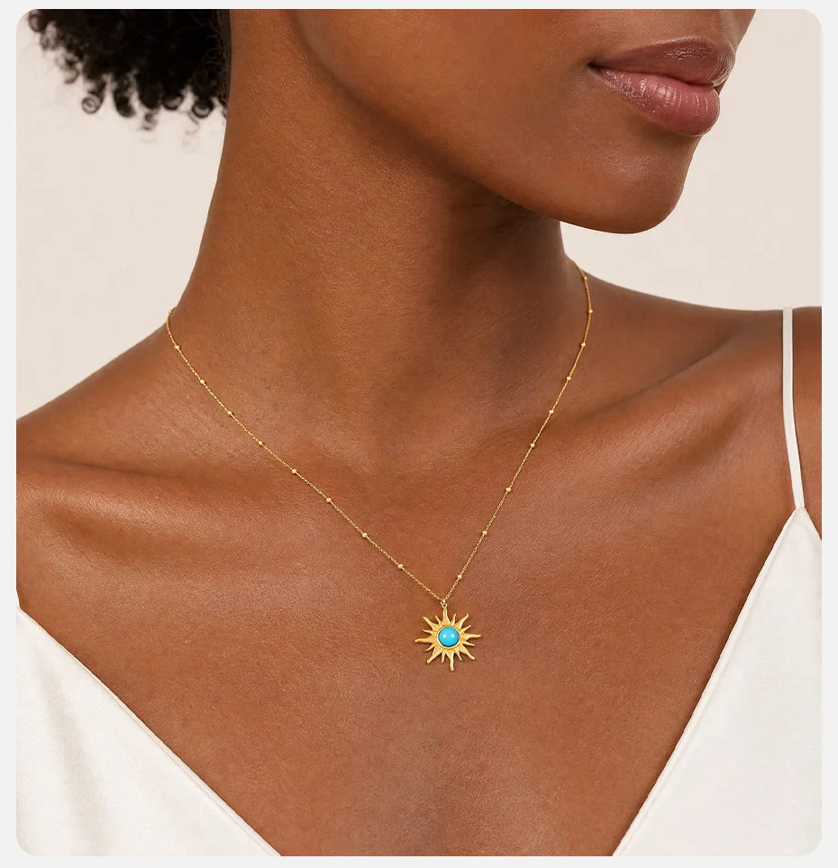 Vnox vergoldete blaue Türkis-Sonnenstern-Anhänger-Halskette für Damen, Edelstahl-Hexagramm-Schlüsselbeinkette, böhmischer Schmuck – Detail 3