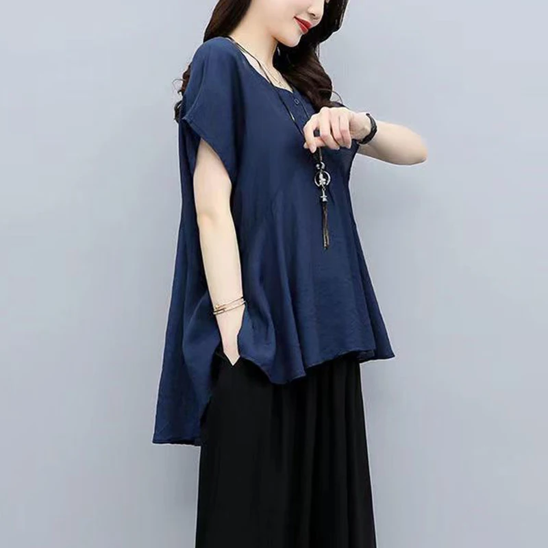 Summer New Fashion V-neck Loose Casual Spliced Shirt Ladies Short Sleeve Oversized Literary Vintage All-match Blouse Women's Top