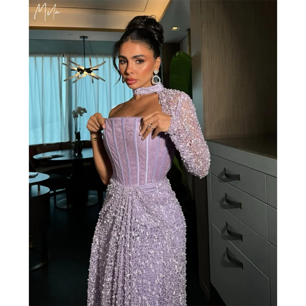 

Mila Puple Simple Prom Dress Customized Long Sleeve Luxurious Evening Woman Dresses Strapless Court Train vestidos de fiesta