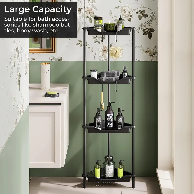 4 Tier Corner Shelf Stand for Living Room Bedroom Bathroom,Plastic Metal Splicing Ground Cabinet Storage Rack,Standing Shower