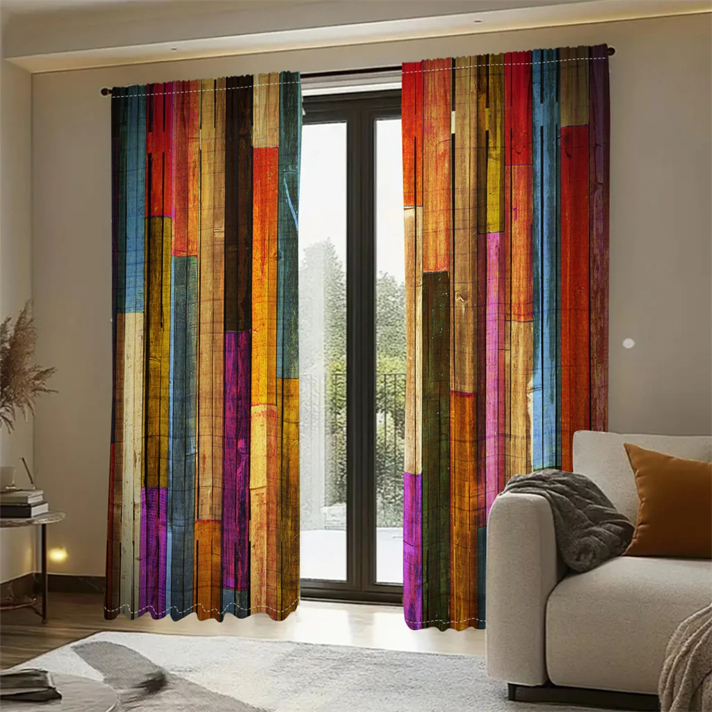 2 Pcs Modern Art Curtains Colorful Wood Plank Stripe Pattern Living Room Bedroom Window Decorative Curtains Abstract Style