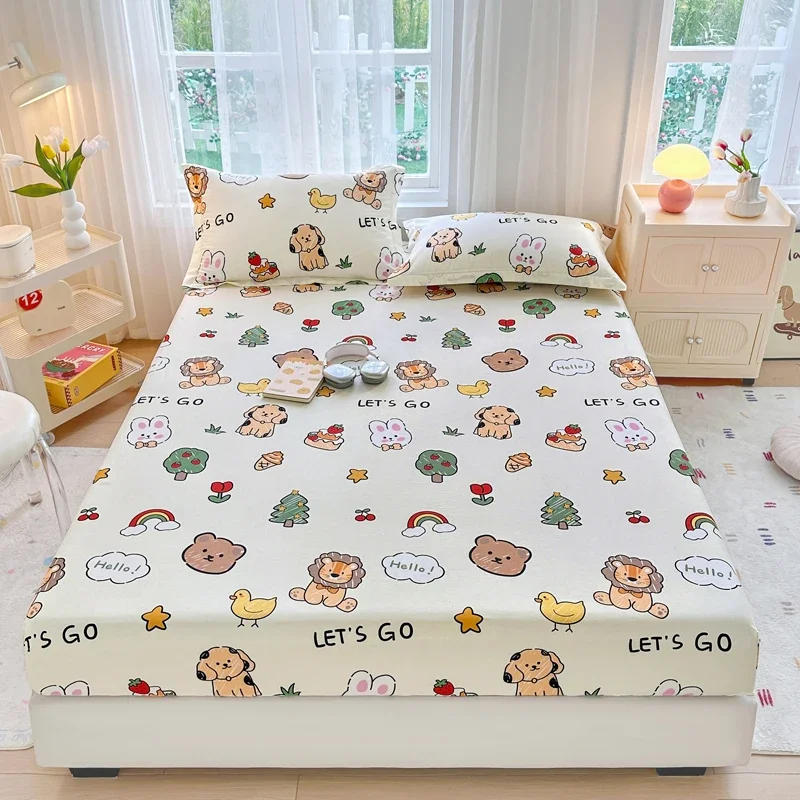 Cute Animals 100% Cotton Fitted Sheet Set for Girls Boys Kids Cartoon Lion Bear Rabbit Bedding Set Zoo Animal Theme Bed Cover