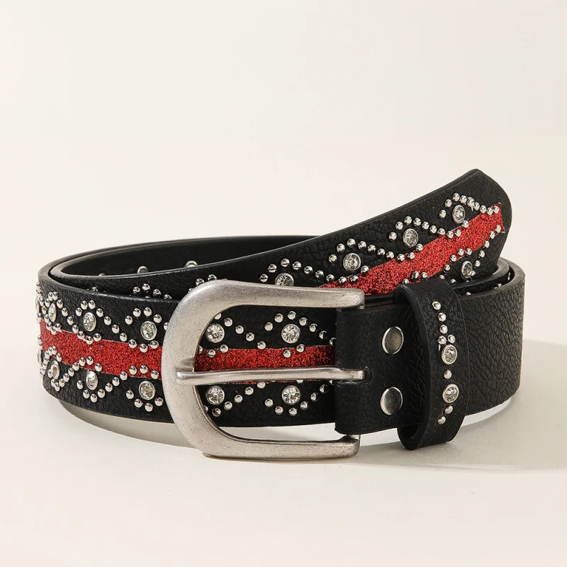New Fashion Rivet Patch Leather Belt for Women, European and American Retro Belt with Pin Buckle, Inlaid with Rhinestones, Trend