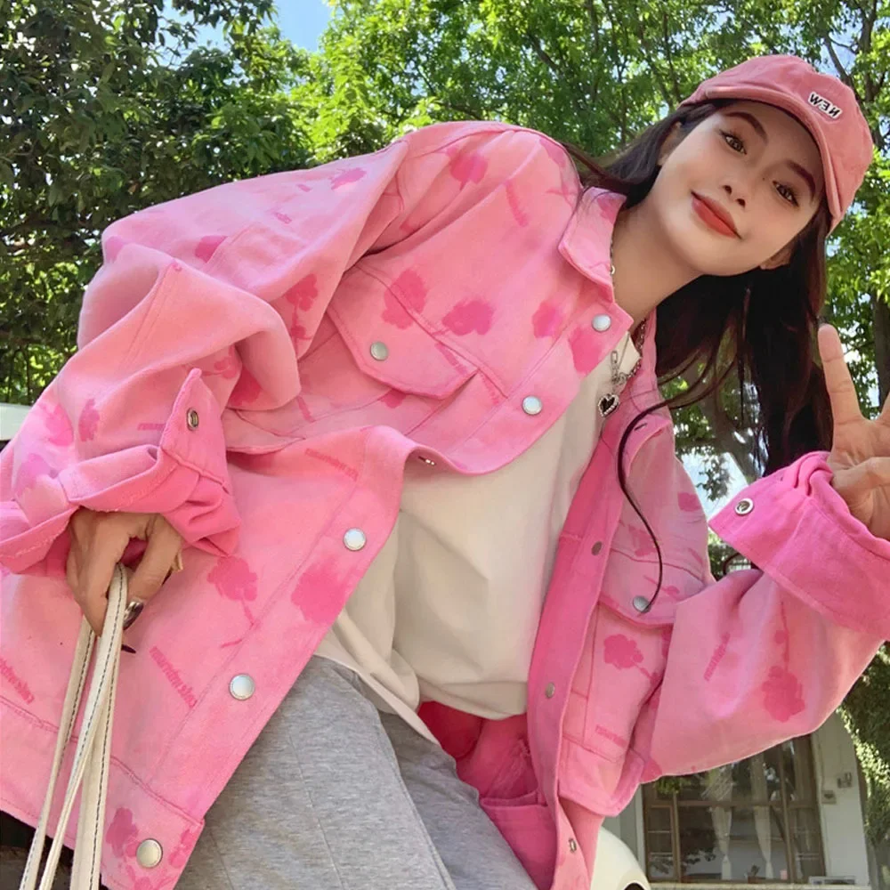 Spring Autumn Pink Denim Jacket Women Sweet Loose Long Sleeve Woman Rose Print Jean Outerwear Oversized S-5XL Fashion Street Top