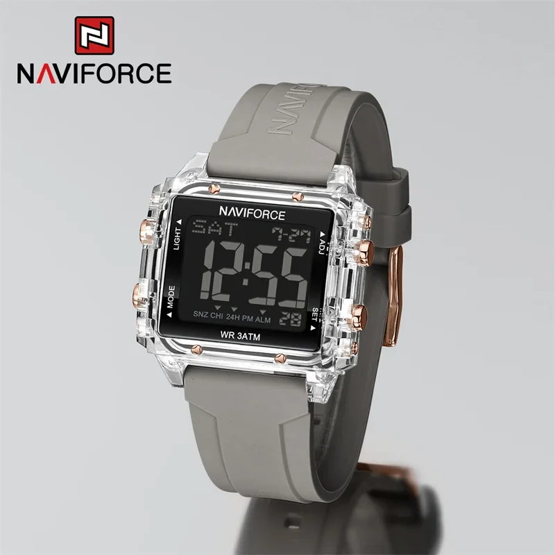 

Часы наручные NAVIFORCE Женские электронные, Брендовые спортивные водонепроницаемые светящиеся цифровые квадратные с силиконовым ремешком, с ЖК-дисплеем