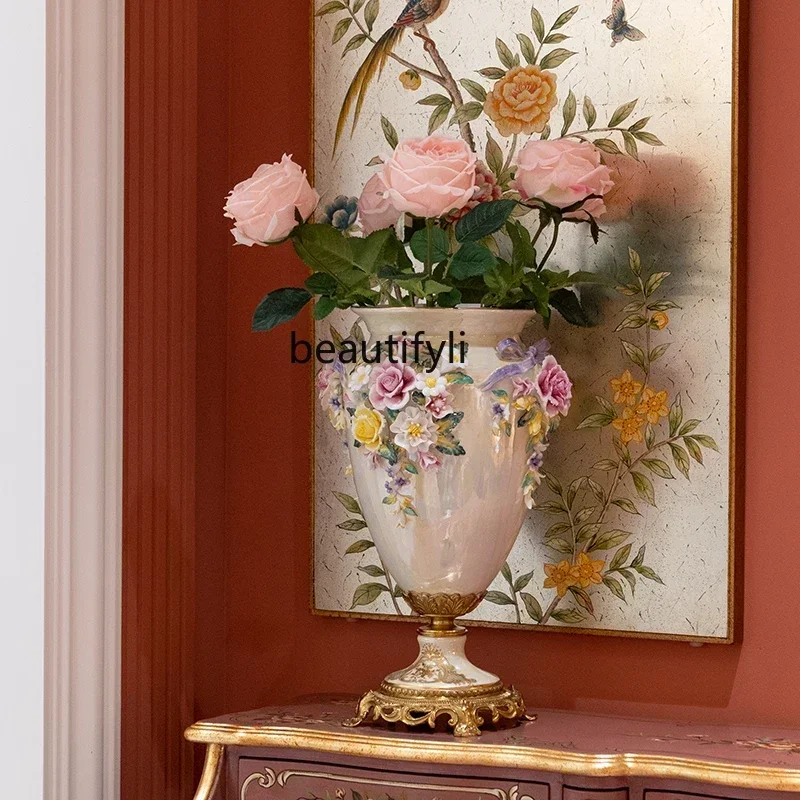 BJ Whole House Furniture French-Style Ceramic With Copper Shell Glaze Hand-Kneaded White Decoration Living Room Desktop Vase