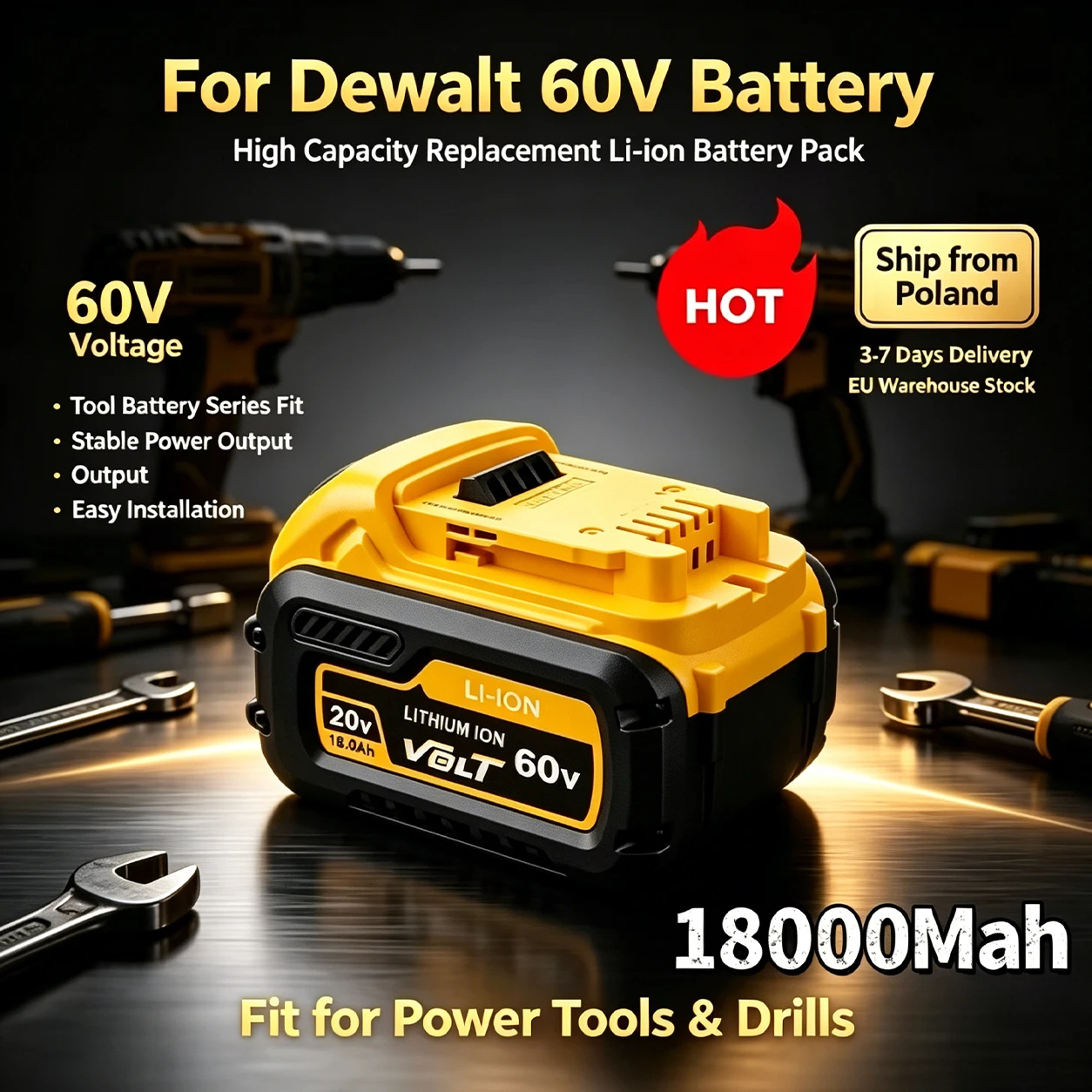 18,0 Ah Hochleistungs-Ersatzakku für Dewalt 60 V, kompatibel mit Dewalt 20 V/60 V Max Akku-Werkzeugen, integrierter BMS-Schutz, schnelle Lieferung innerhalb von 3–7 Tagen aus polnischem (EU-)Lager.