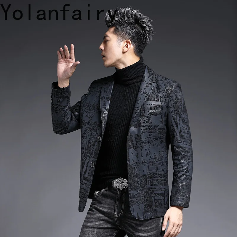 YOLANFAIRY New Fashion Real Sheepskin Genuine Leather Jacket Men Suit Collar Slim Suit Leather Jackets Coats Man Clothes 레더 자켓