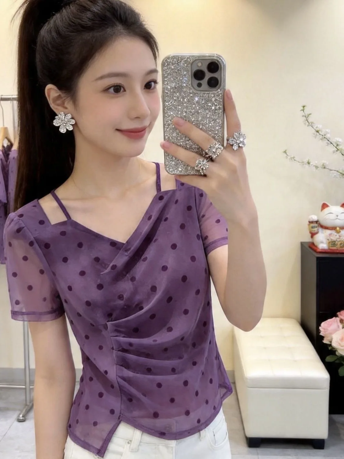 Summer New Style Women's T-shirt Polka Dot Mesh Short Sleeve Waist Cinching Slimming Gentle Wind Versatile Small Shirt