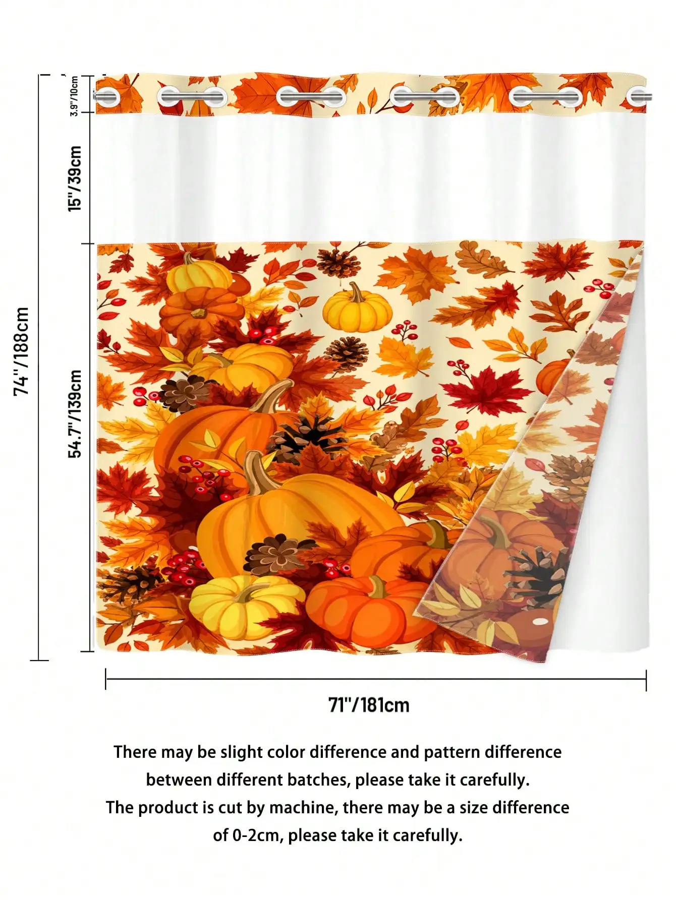 1pc Fall Pumpkin, Maple Leaf, Pinecone & Berry Print Hookless Shower Curtain With Liner, Double Layer No Hook Bath Curtain, Snap-In Detachable White Liner, Mesh Top See-Through Window, Machine Washable Fall Shower Curtain, Autumn Bathroom Decor