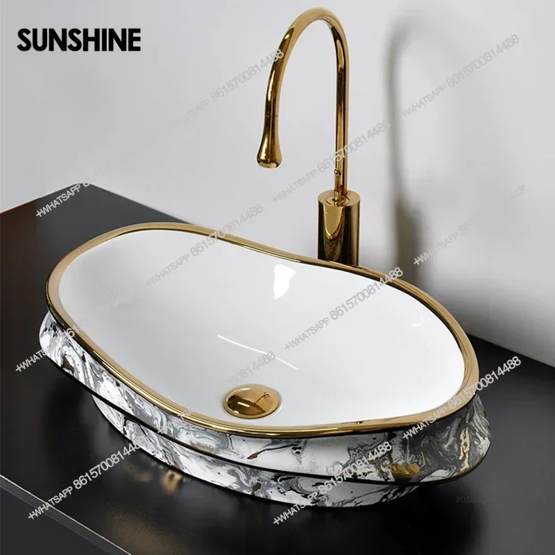 

Wave Shaped Irregular Bathroom Sinks Countertop Sink Light Luxury Ceramic Single Basin Home Balcony Washbasin Bathroom Fixture B