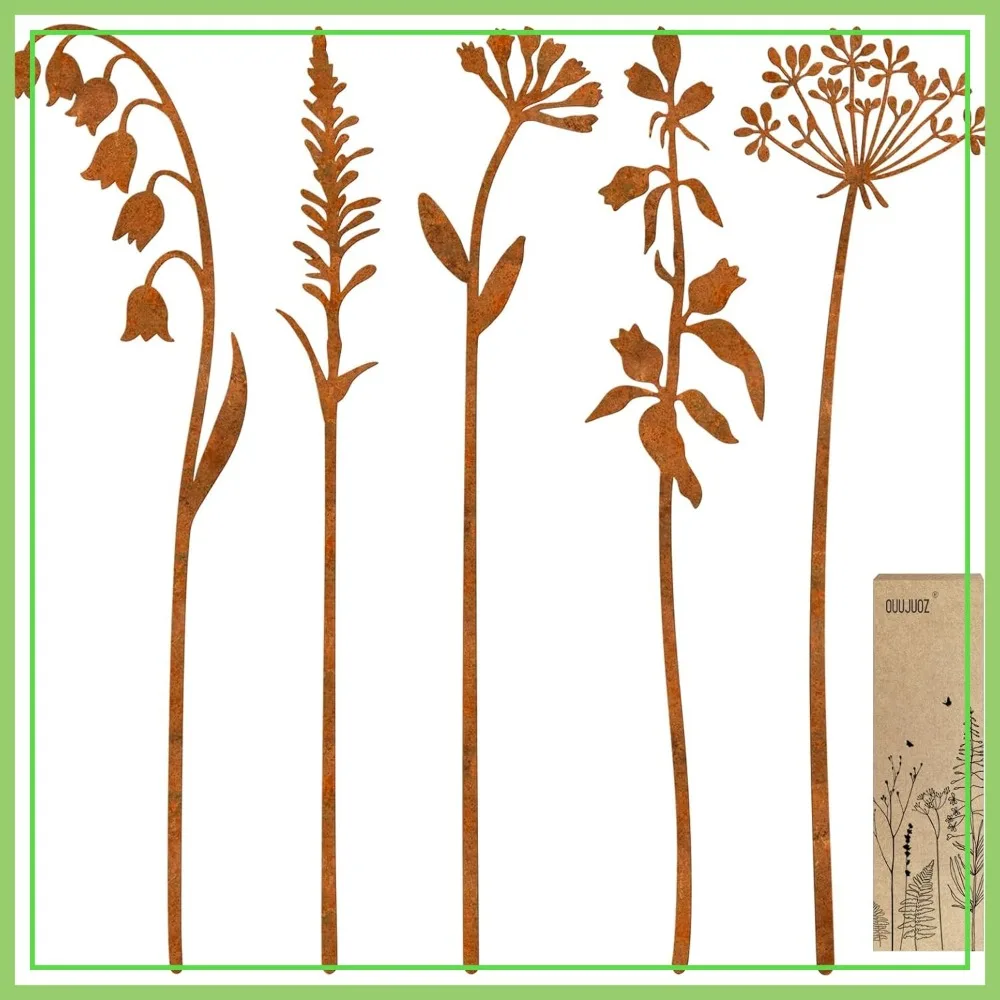

Set of 5 Metal Garden Stakes for Outdoor Decor, Flower Bed Plant Stakes, Yard Art Lawn Ornaments