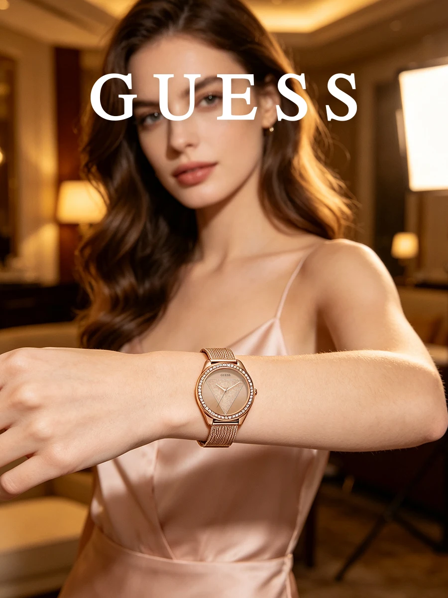 Guess Women's Watch Rose Gold Tones Mesh Stainless Steel Analog Quartz Wristwatch Rhinestone Bezel Glitter Triangle Dial Evening