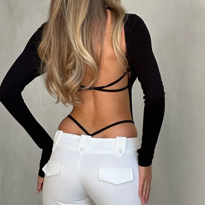 Fasciatura sexy Backless Body Nero Manica lunga mancanza Y2K Vestiti Aderente Top Collo quadrato Tuta Street 2024 Nuovo Coquette Chic