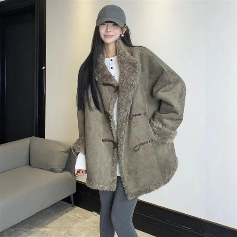 Winter Jacket Long Medium-Sized Jackets Women Fashion Overcoat Loose Suede-Like Lambswool Fur Coat One Horn Buckle Furry Coats