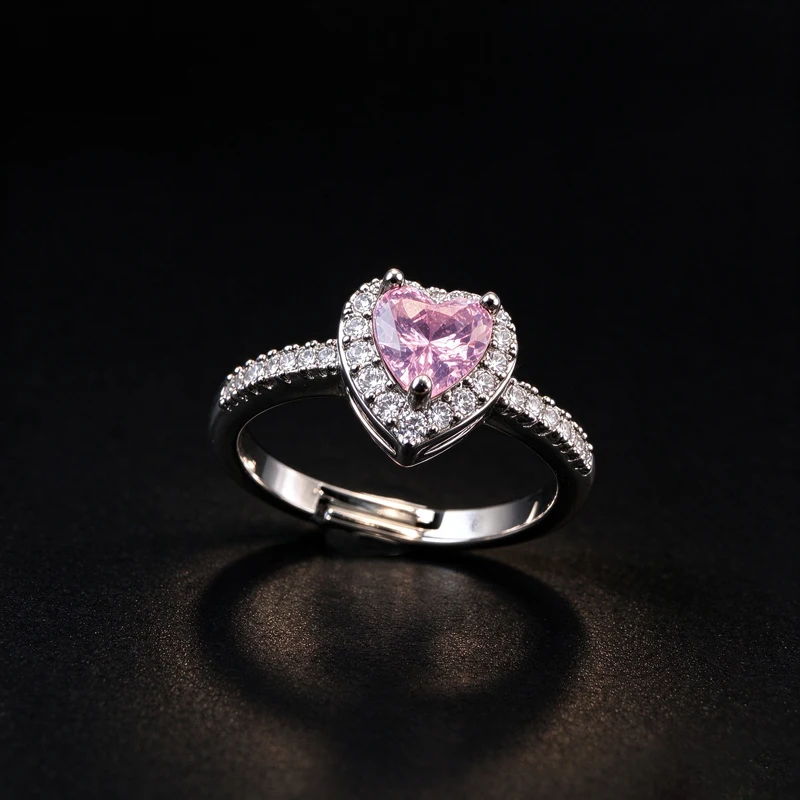 Vintage Plated Ring for Women, Heart Shape Pink Zircon Halo, Luxury Quality Jewelry, Promise Ring, for Banquet & Daily Wear