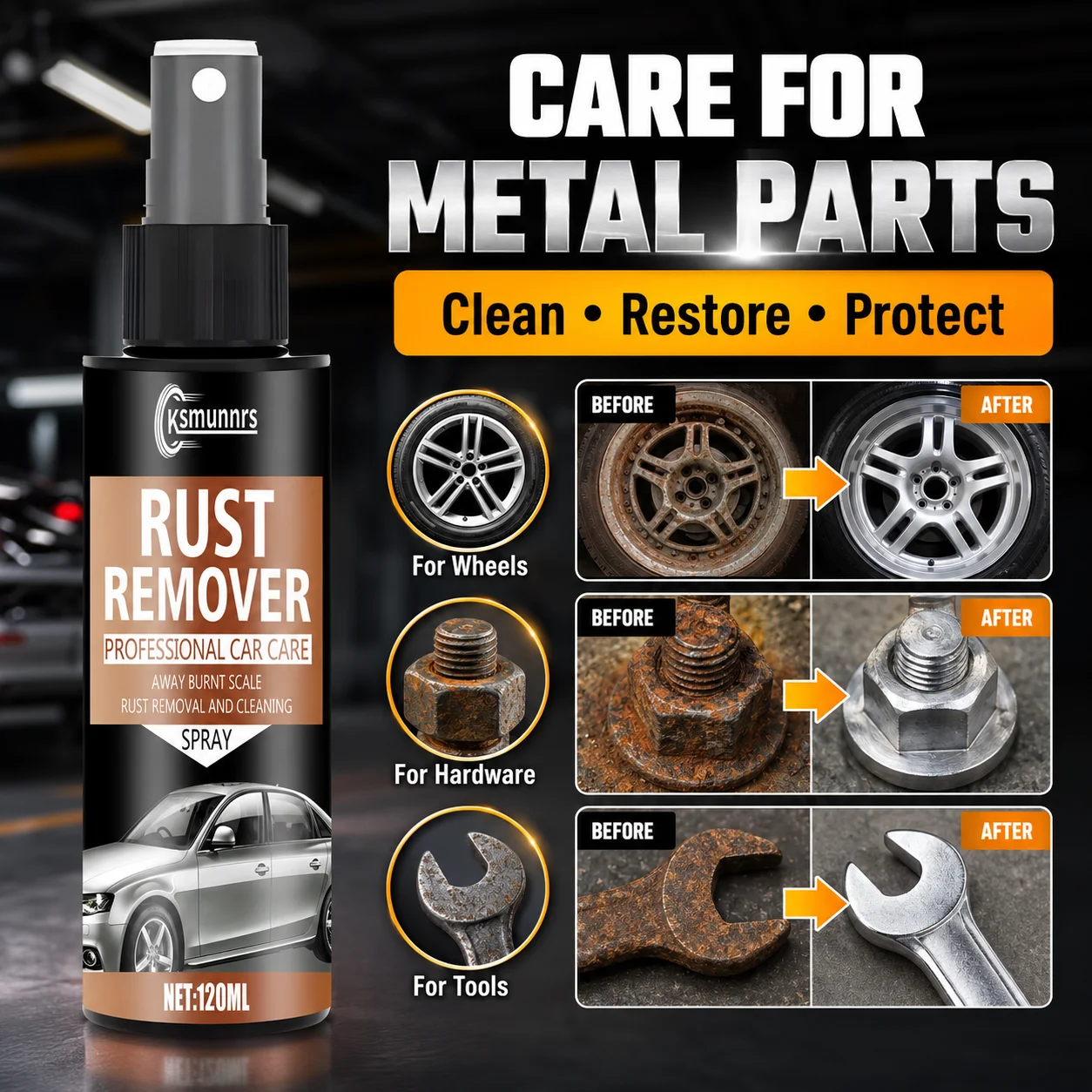 Rust Remover Spray 120ml, Quick Action Deep Cleaning, Easy To Use for Car & Metal Hardware Rust Removal