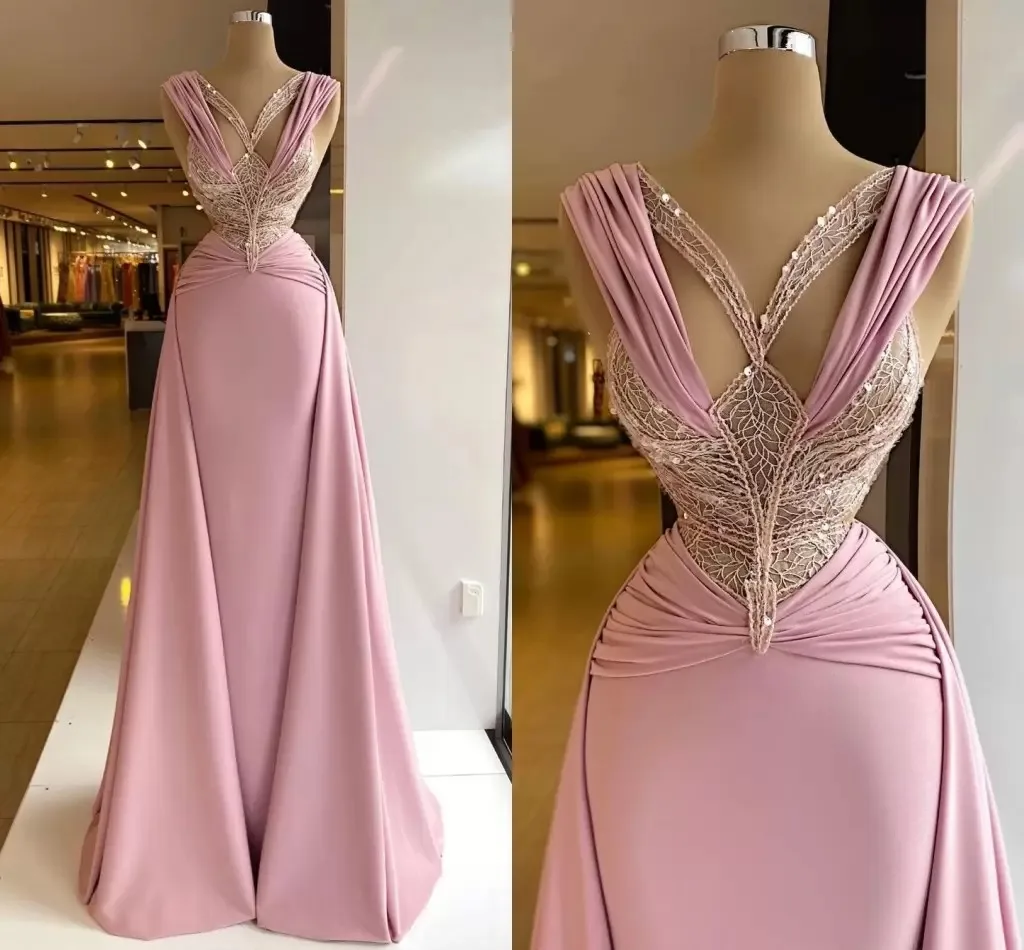 

Pink Mermaid Prom Dress Sleevelss V Neck Appliques Beads Sequins Satin Lace Hollow Sexy Pageant Evening Gowns Bridal Gowns