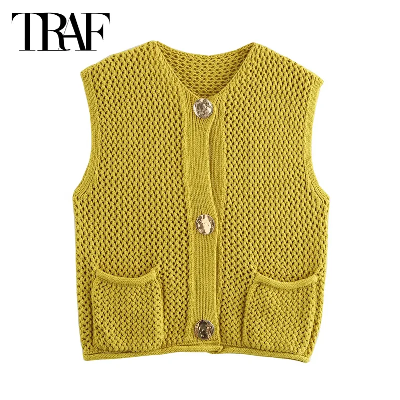 TRAF Top Women 2024 Spring Summer Autumn Tank Vest Knitted Top Ladies Fashion Casual Elegant Sleeveless Green Knit Vest Tops