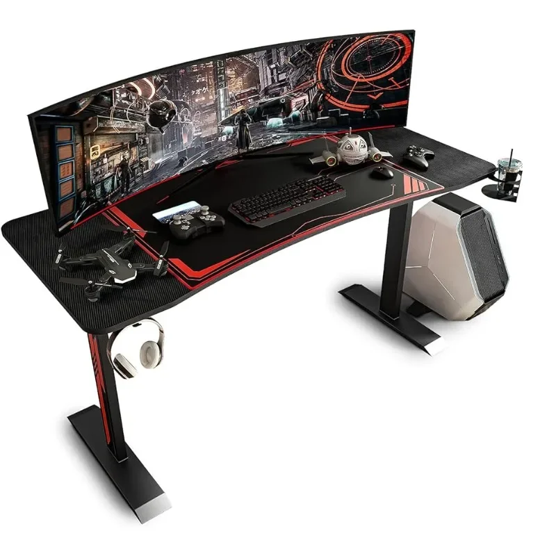 Gaming Desk, Heavy-Duty Gaming Computer Table with Carbon Fiber Surface & Large Mouse Pad, Black PC Computer Desks