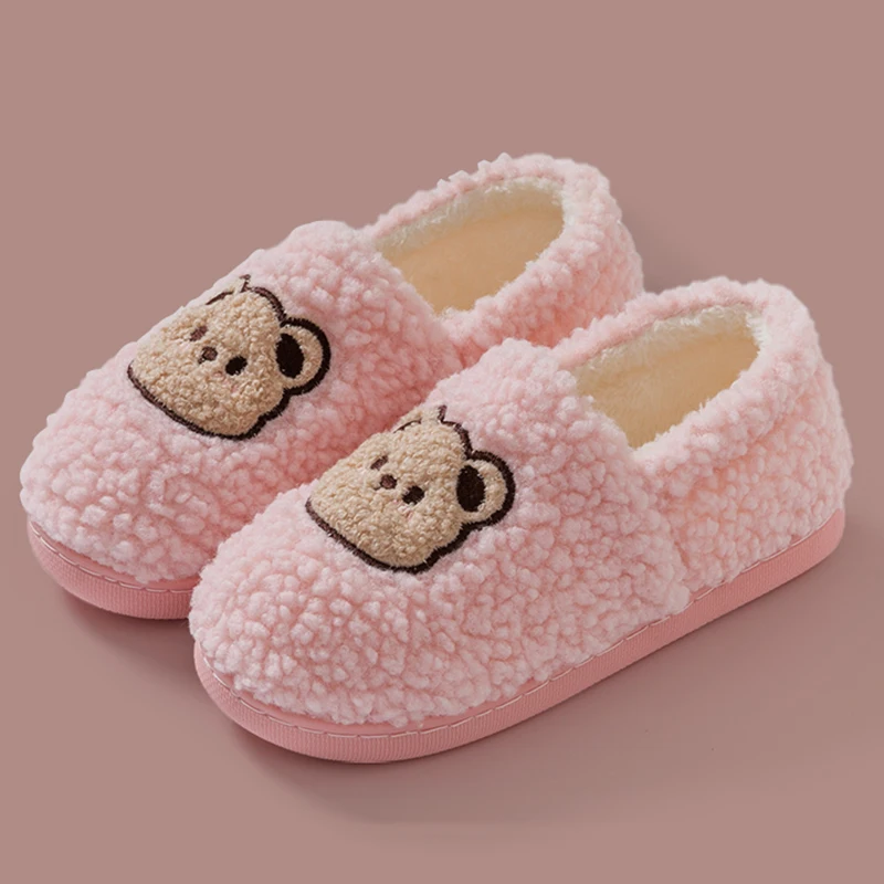 Cute Bear Embroidery Corduroy Home Slippers Women Winter Indoor Non Slip Soft Sole Cotton Slippers Couple Platform Plush Slides