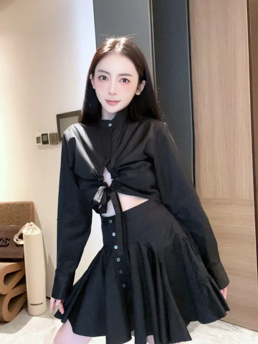 

Новый осенний комплект: модный хлопковый костюм с юбкой А-силуэта, высокой талией, длинными рукавами, воротником-стойкой и завязками для создания образа в стиле Pure Desire Girl