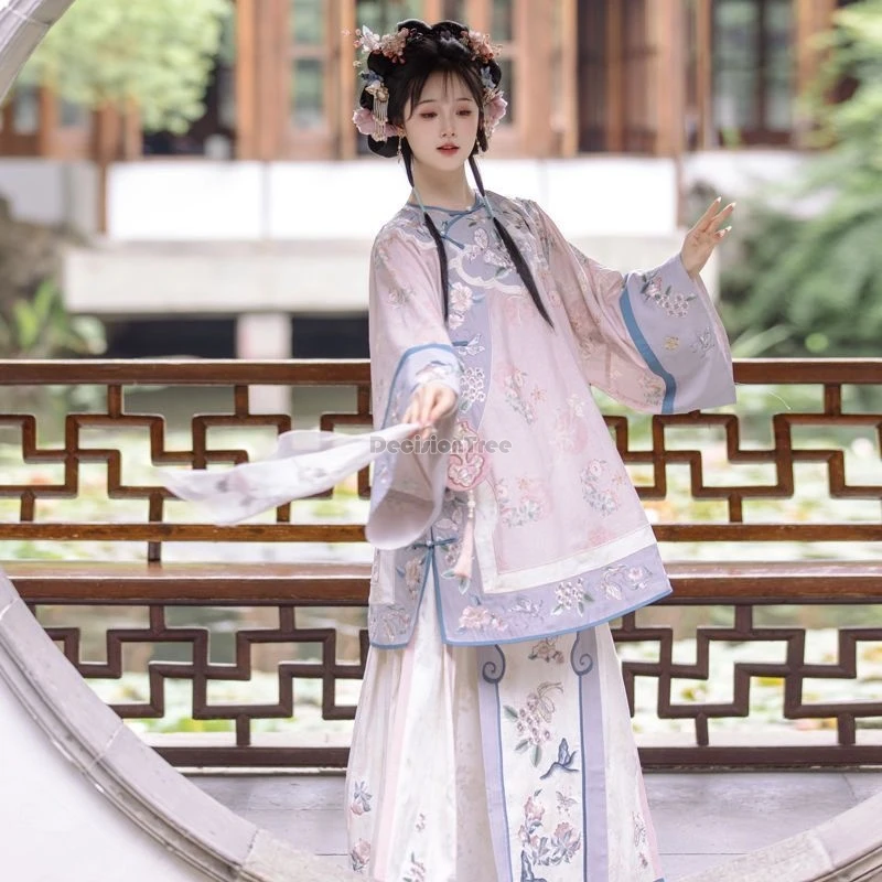 

2025 chinese qing dynasty two-piece women hanfu set printed restoration style long sleeve blouse pleated half skirt daily hanfu