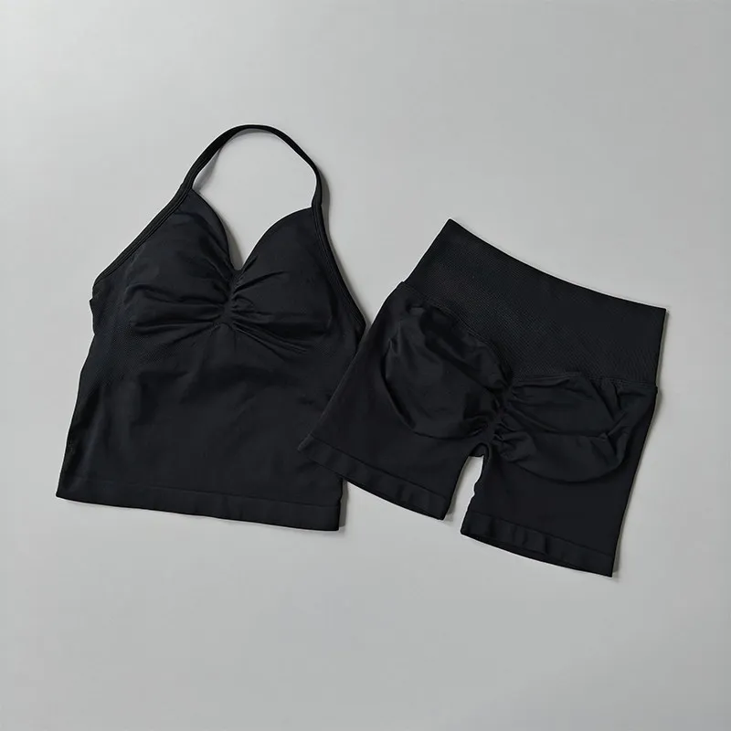 Nahtloses Fitness-Zweiteiler-Set für Damen, hochelastischer gestrickter Sport-BH und Yoga-Shorts-Set, schönes Rückendesign, Po-Lifting-Weste – Detail 11