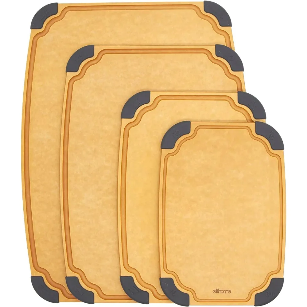 

Набор кухонных разделочных досок Elihome Essential 4-в-1 — можно мыть в посудомоечной машине, нескользящая, с канавкой для сока, без BPA, двусторонняя