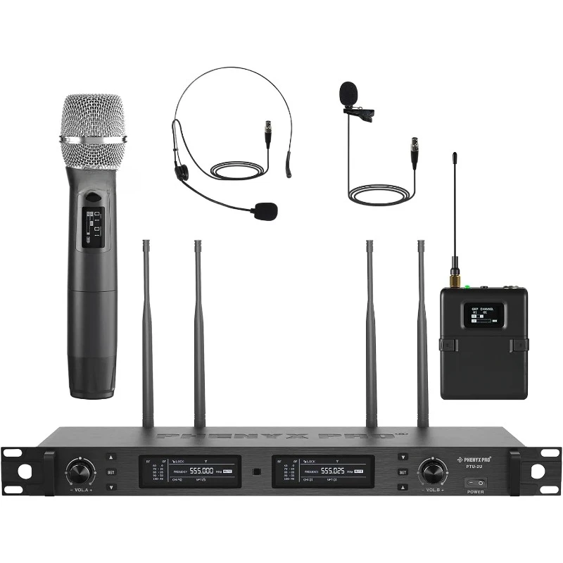 Wireless Microphone System /Headset/Lapel Mics, Auto Scan, 2x1000 Channels for Stage & Studio (PTU-2U-1H1B)