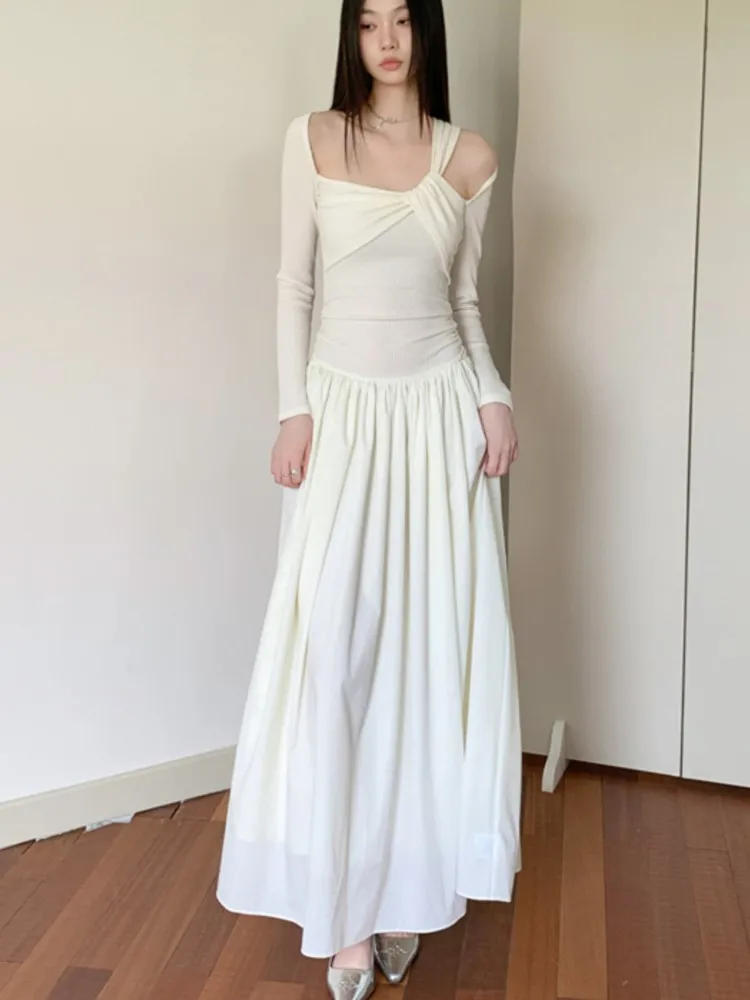 

Elegant Knitted Fashion Casual Office Lady Women's Dress Solid Pleated Long Sleeves New Hollowed Slim Fit Medium Skirt New Dress
