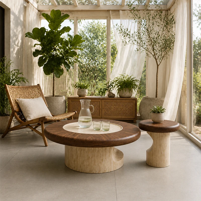ub-Wabi Sabi Modern Coffee Table Nesting Set Solid Wood Travertine Stone Hollow Cutout Cylindrical Base Designer Living Room-