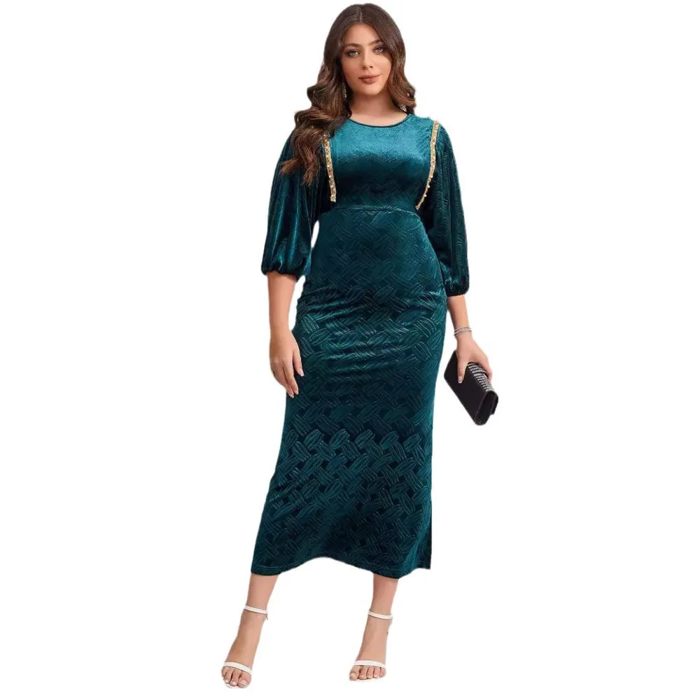 Women's Dresses Embossed Velvet Round Neck Handmade Beaded Lantern Sleeves Slim Fit Fashionable Dress On Special Offer 2024