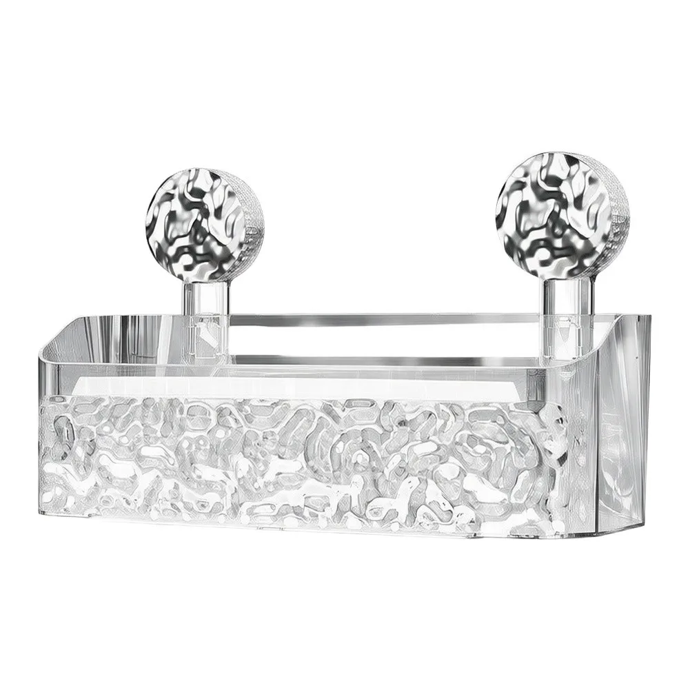 1Pc Transparent Silver Pattern Suction Cup Shower Shelf For Bathroom Soap Organizer Drainage Storage Rack PET Material