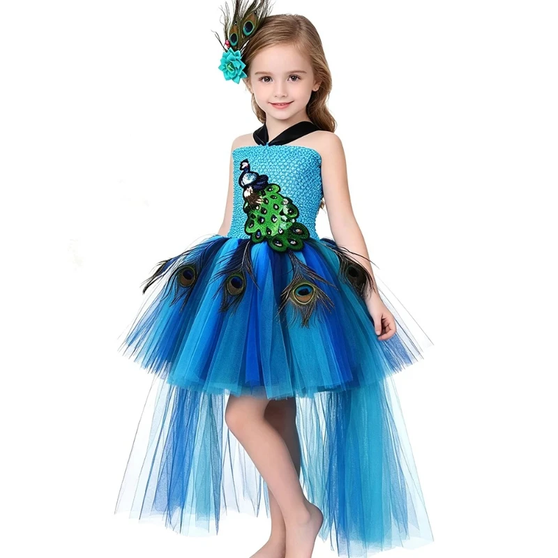 Luxe Peacock Fairy High-Low Mesh Gown Glossy Blue Plume Detail Suitable for Beauty Pageant Halloween Birthday Role Play Dress Up
