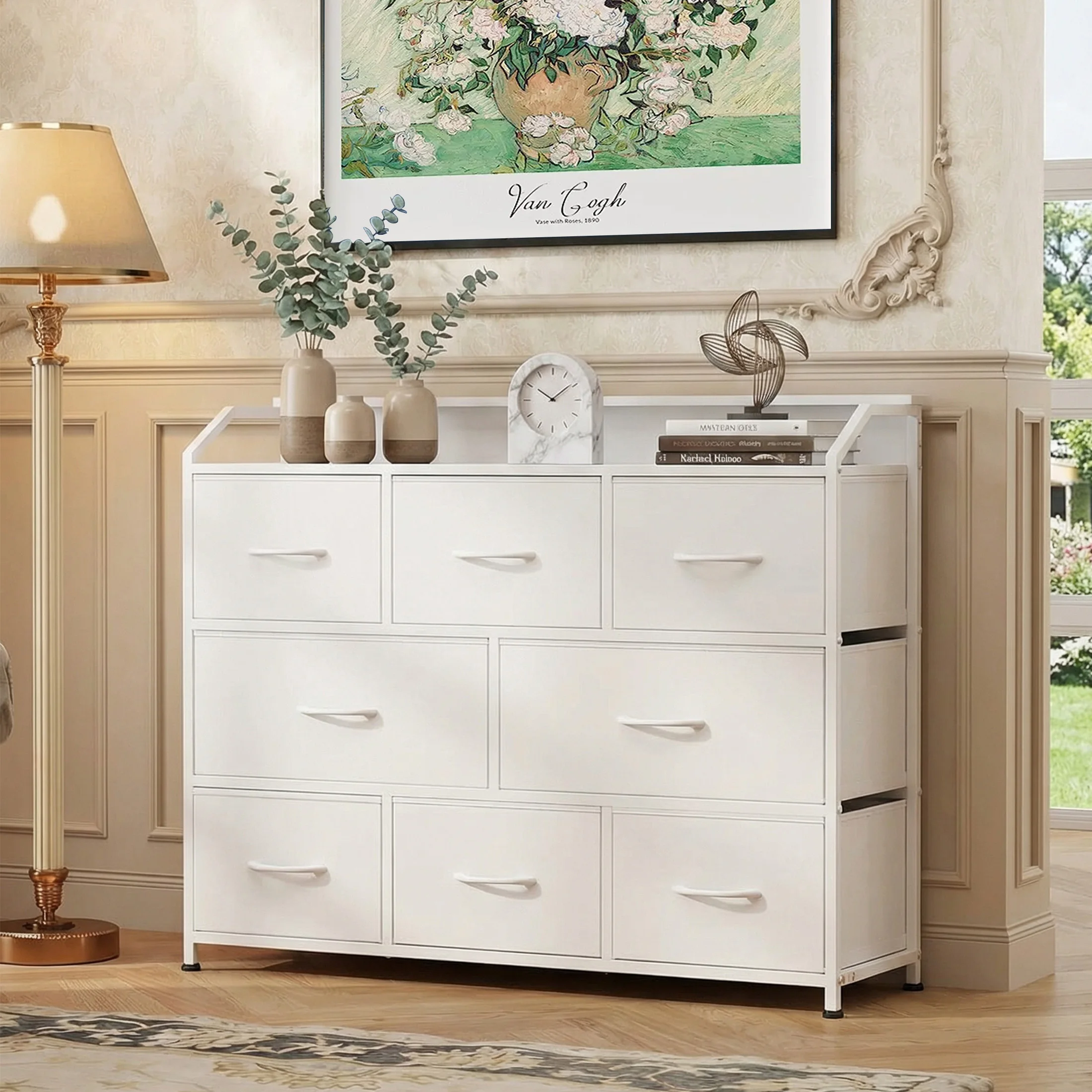 JHK 8 Fabric Drawers Dresser Cabinet for Living Room Storage  Chest of Drawers with APP Control LED Lights and Type-C Charging Station for Home