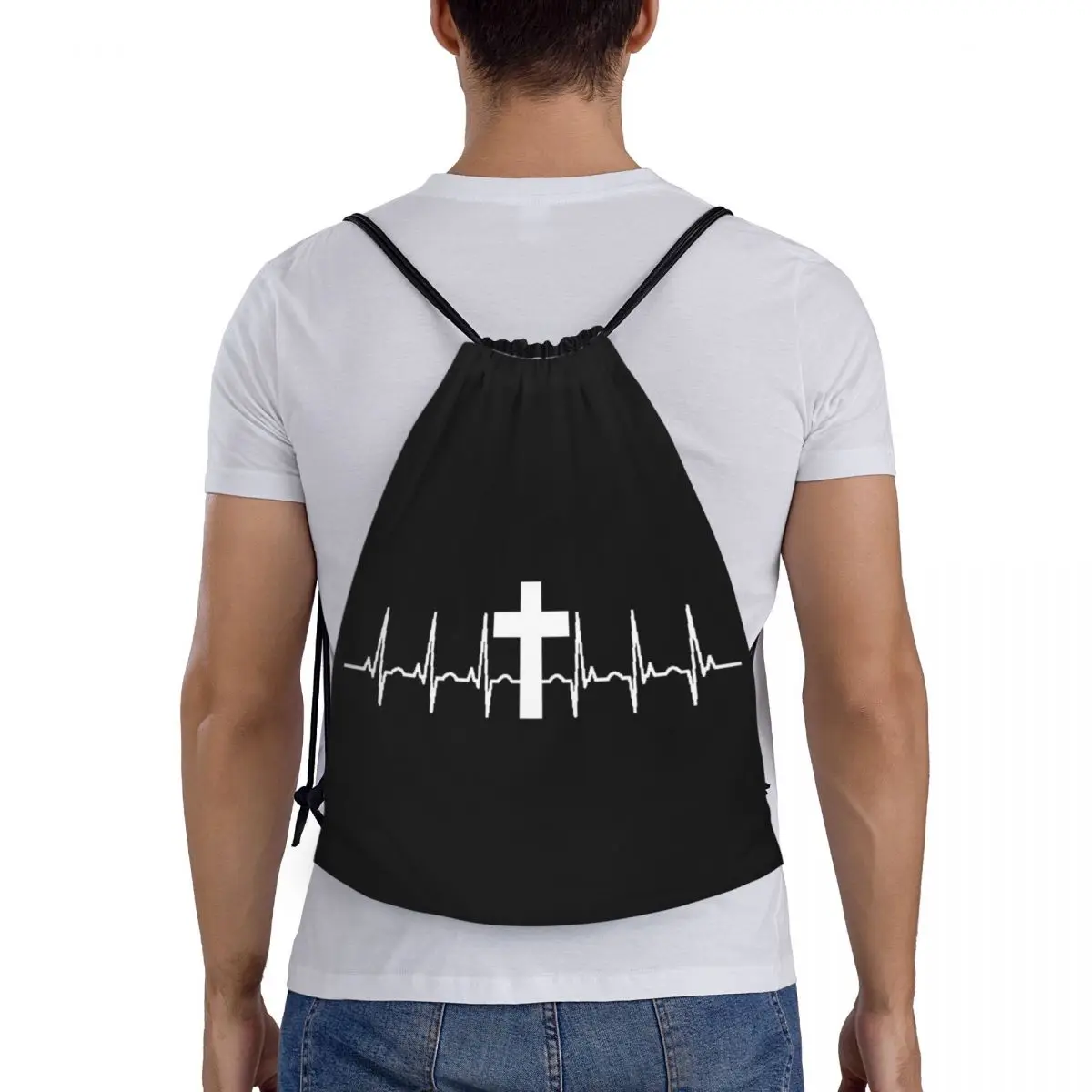 Custom Cross Jesus Heartbeat Drawstring Bag para Treinamento Yoga Mochilas Homens Mulheres Christian Sports Gym Sackpack