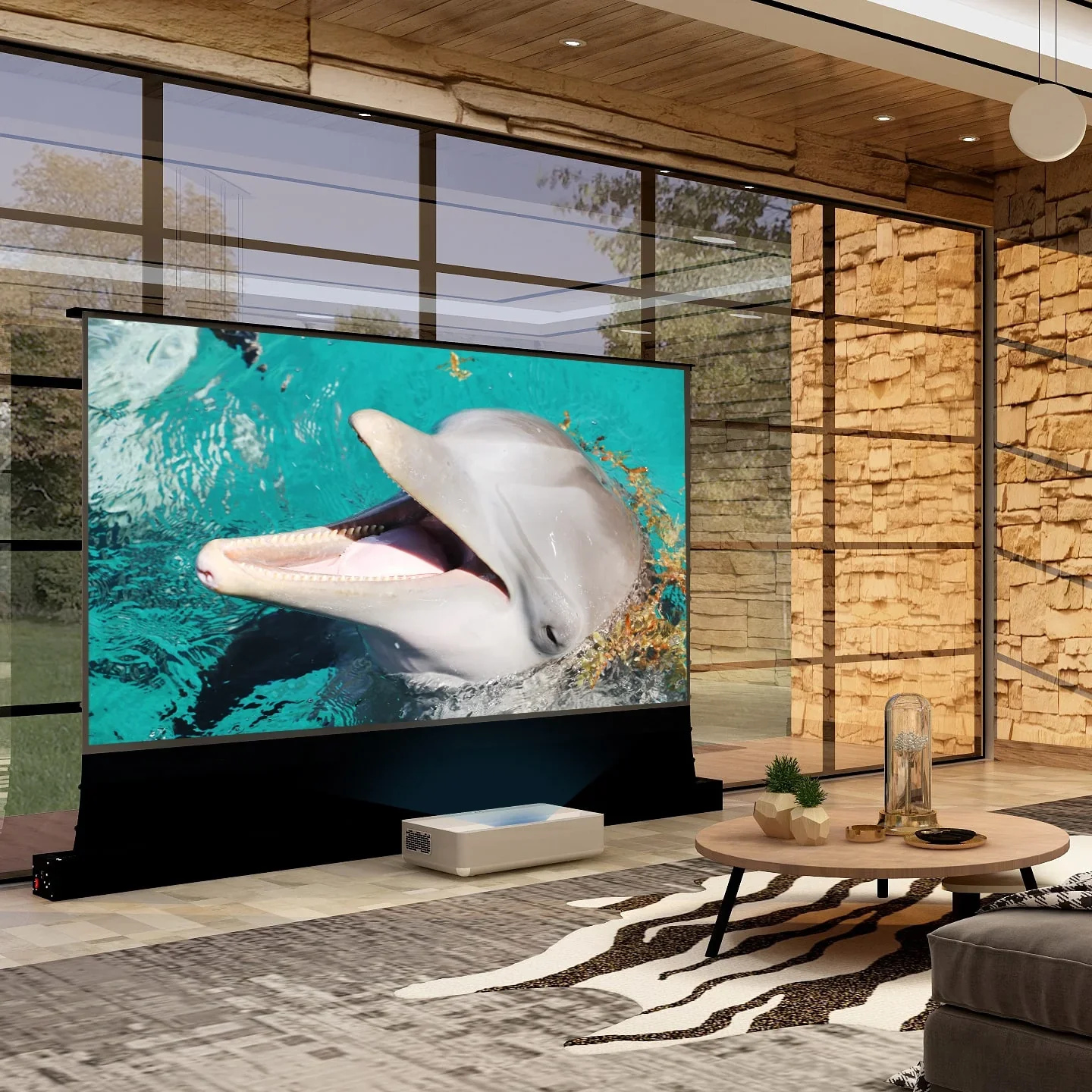 

Factory Price 72 inch -120 inch 16:9 ALR Projector Screen Motorized Floor Rising Projector Screen for UST Laser TV Projector