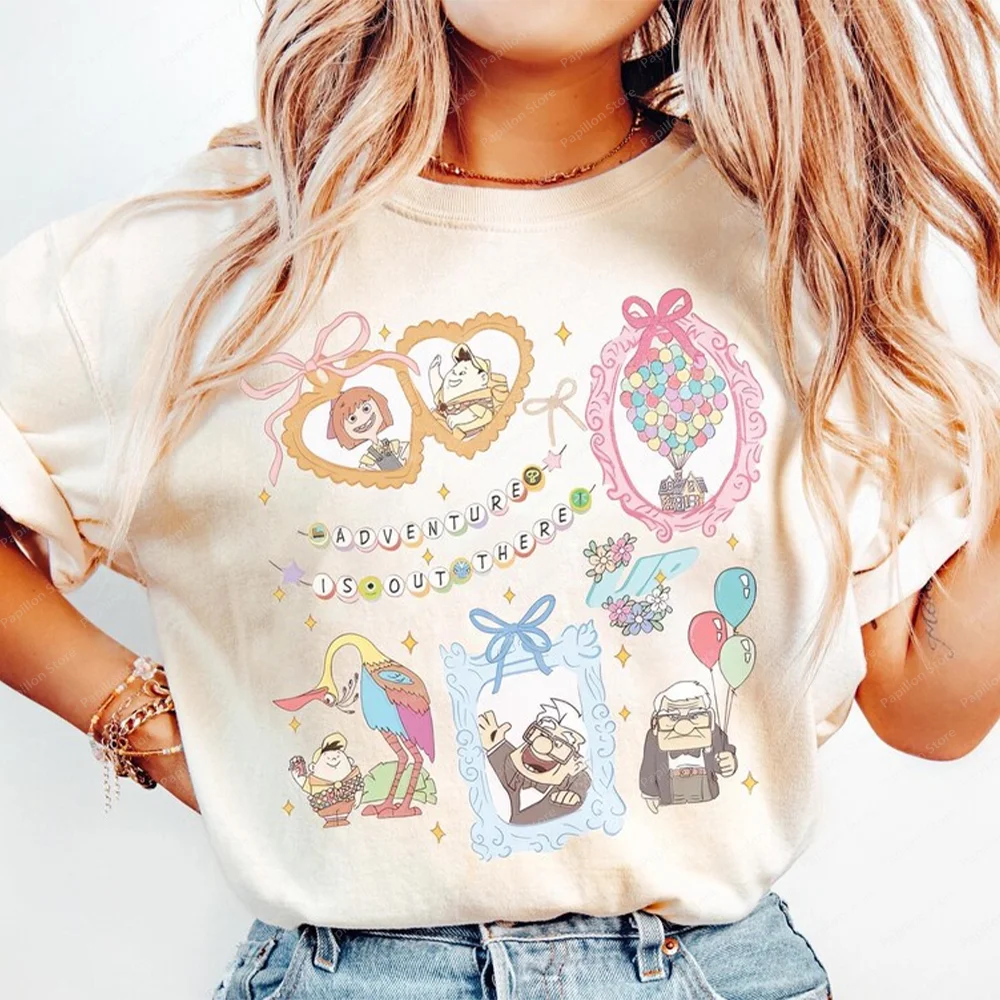 Retro Coquette Bow Disney Pixar Up Carl Ellie Adventure Is Out There Family Trip Shirts Wdw Disneyland Matching Cotton Top Tee