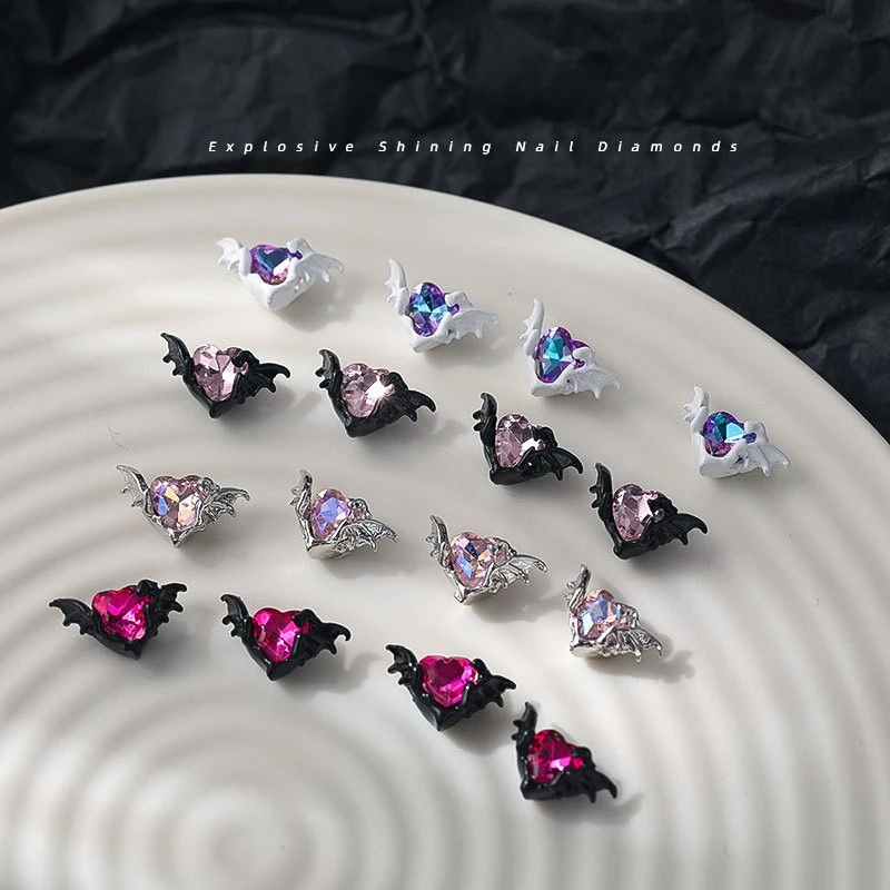 5Pcs Gothic Devil Heart Nail Charms, Inlaid Rhinestone Winged Dark Colorful Heart Vintage 3D Nail Gems DIY Manicure Decorations