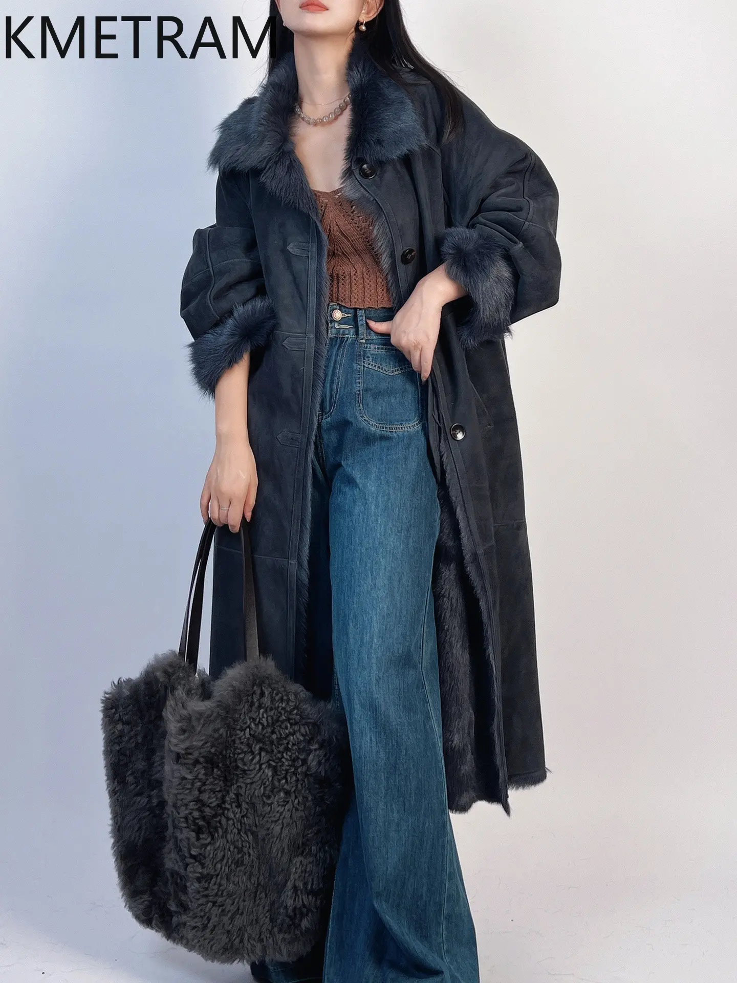 KMETRAM 100% Suede Goatskin with Wool Attached Coats Luxury Long Fur Jacket Winter Warm Fur Coat Woman Clothing 111cm 2026 шуба
