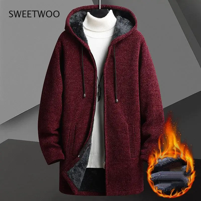 Men's Fleece Cardigan Slim Hooded Winter Sports Jacket Long Thick and Warm