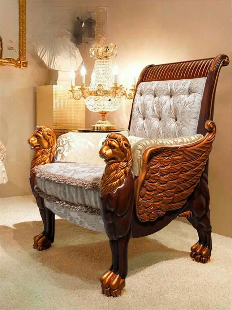 European style solid wood lion chair single person sofa study fabric leisure backrest chair villa office chair desk and chair