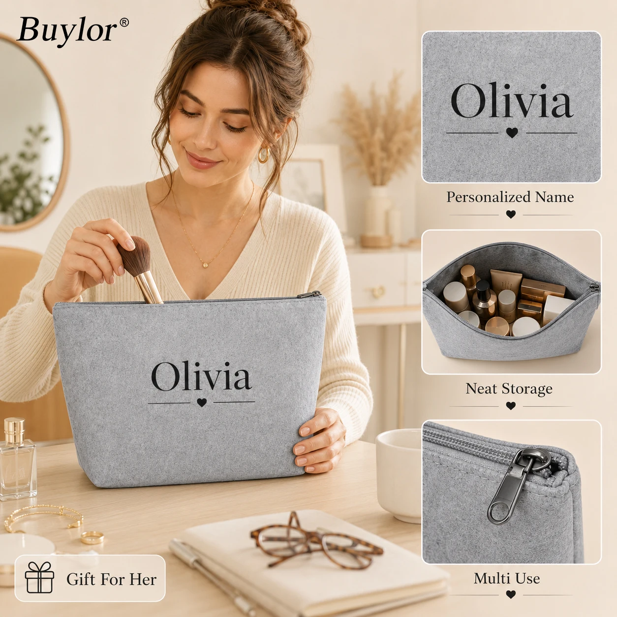 Custom Felt Toiletry Bag Personalized Name Grey Makeup Organizer Large Zipper Pouch Bridesmaid Travel Gift For Women