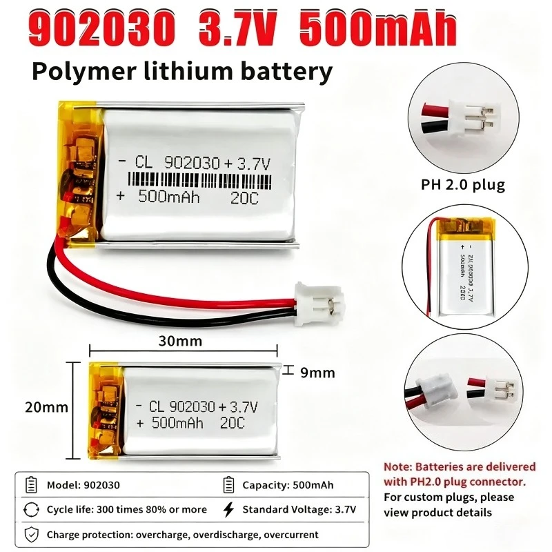 500mAh 902030 3.7V Li Polymer Battery for Solar Light DVD Tracker Anti-theft Device GPS Lipo Rechargeable Cell